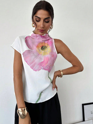 Women's One Shoulder Positioning Print Elegant Resort Shirt,Ladies Elegant Appliques,Button Sleeveless Stand Collar Regular Fit Regular White Batwing Sleeve Top Women Blouses,Spring/Summer,Casual Daily Wear - Negative Apparel