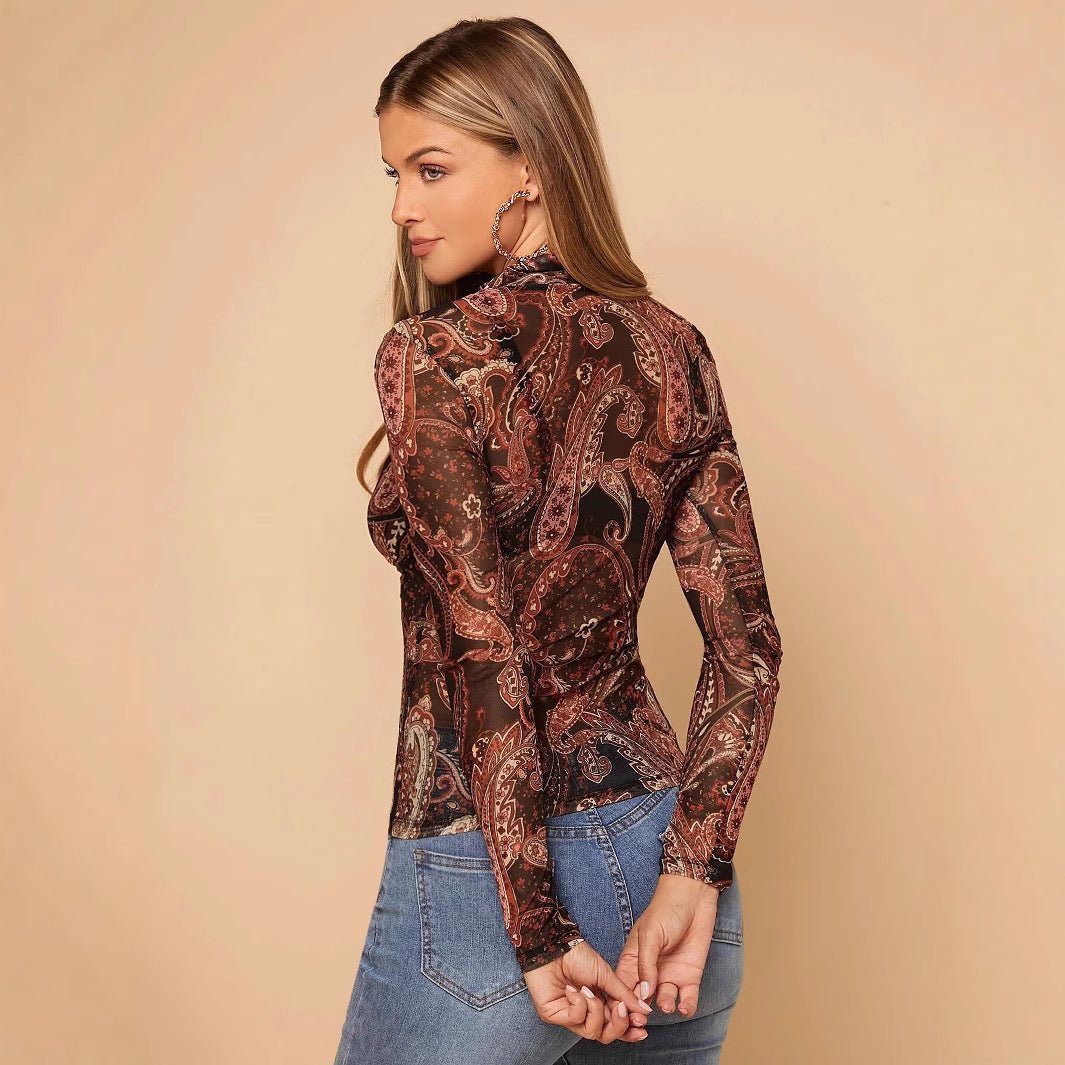 Women's paisley printed stand - up collar mesh long - sleeved T-shirt top - Negative Apparel