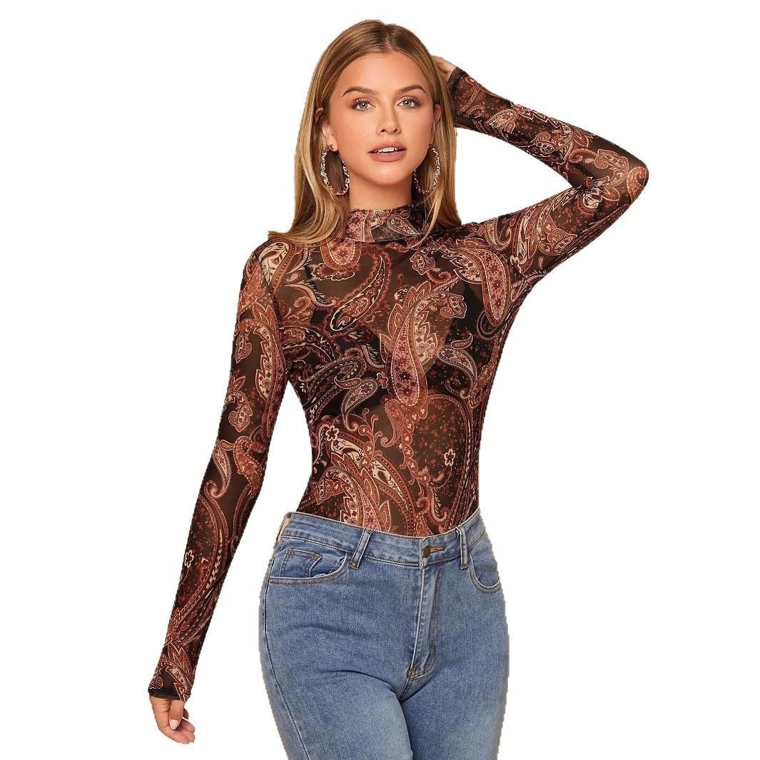 Women's paisley printed stand - up collar mesh long - sleeved T-shirt top - Negative Apparel