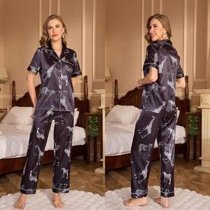 women's pajamas summer short - sleeved trousers, lapel printed loungewear set TZ3431 - Negative Apparel