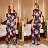 women's pajamas summer short - sleeved trousers, lapel printed loungewear set TZ3431 - Negative Apparel