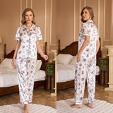 women's pajamas summer short - sleeved trousers, lapel printed loungewear set TZ3431 - Negative Apparel