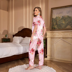 women's pajamas summer short - sleeved trousers, lapel printed loungewear set TZ3431 - Negative Apparel