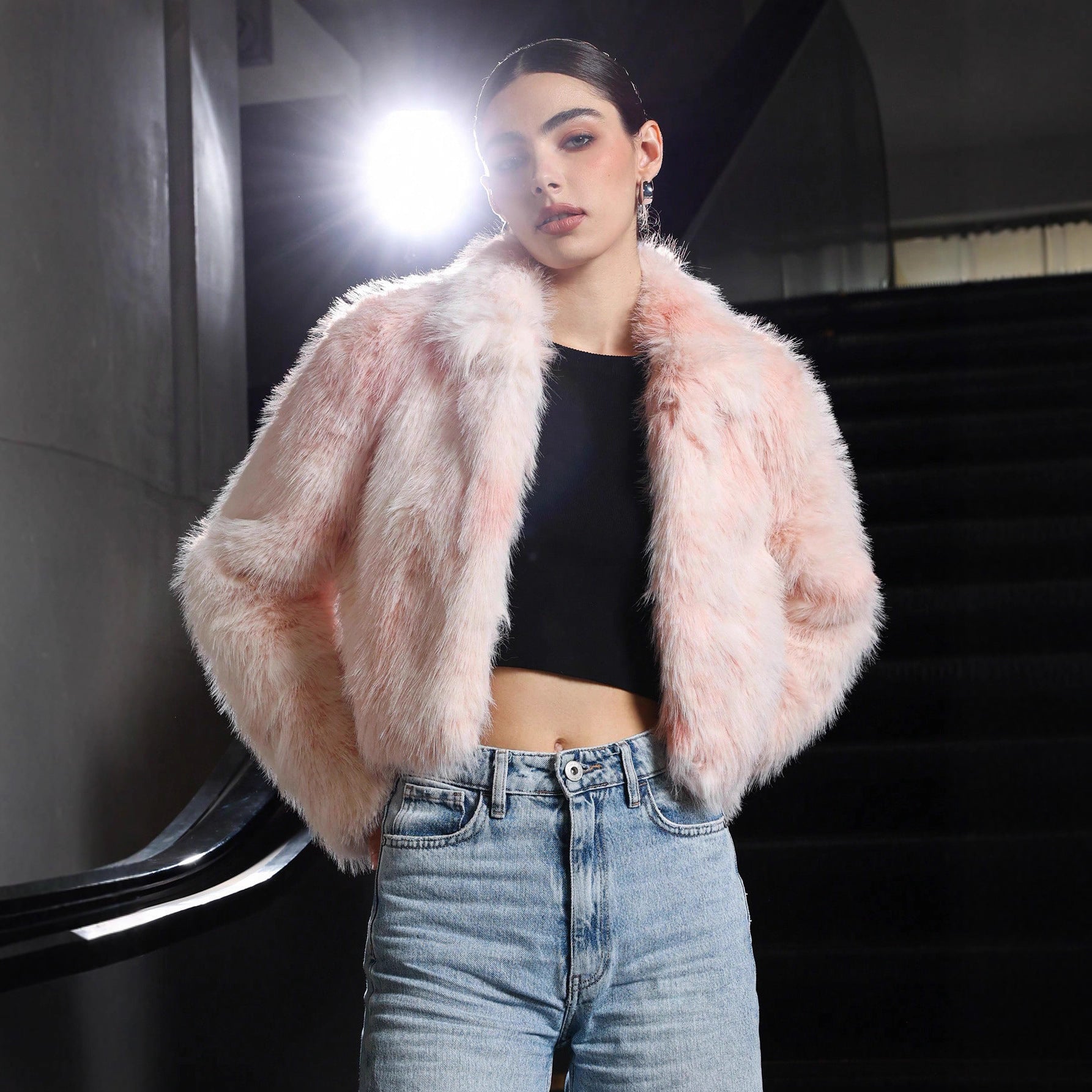 Women’s Pink Faux Fur Jacket with Zipper & Stand Collar - Negative Apparel