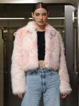 Women’s Pink Faux Fur Jacket with Zipper & Stand Collar - Negative Apparel