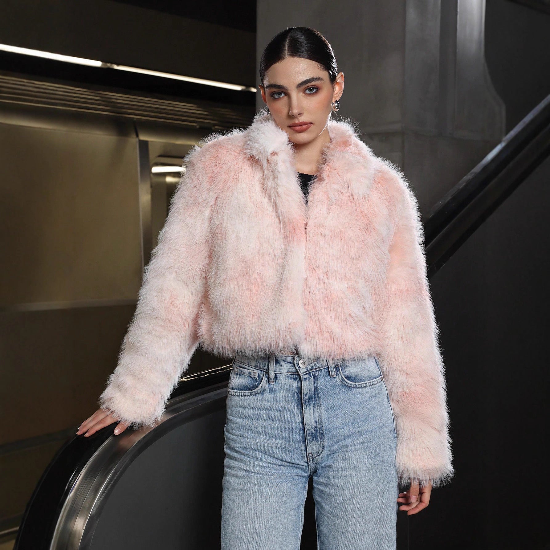 Women’s Pink Faux Fur Jacket with Zipper & Stand Collar - Negative Apparel