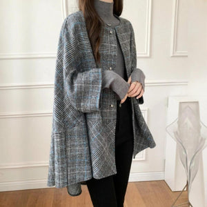 Women’s Plaid Wool Jacket – Long Thick Winter Coat | Elegant Commuter Style Outerwear - Negative Apparel