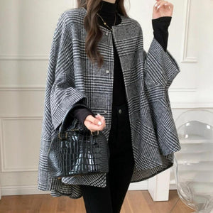 Women’s Plaid Wool Jacket – Long Thick Winter Coat | Elegant Commuter Style Outerwear - Negative Apparel