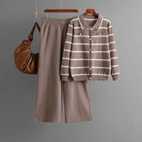 Women's Polo collar striped knitted single - breasted sweater + casual wide - leg pants two - piece - Negative Apparel