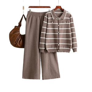 Women's Polo collar striped knitted single - breasted sweater + casual wide - leg pants two - piece - Negative Apparel