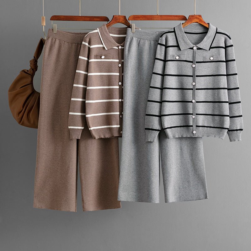 Women's Polo collar striped knitted single - breasted sweater + casual wide - leg pants two - piece - Negative Apparel