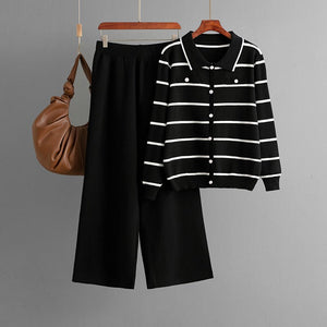 Women's Polo collar striped knitted single - breasted sweater + casual wide - leg pants two - piece - Negative Apparel