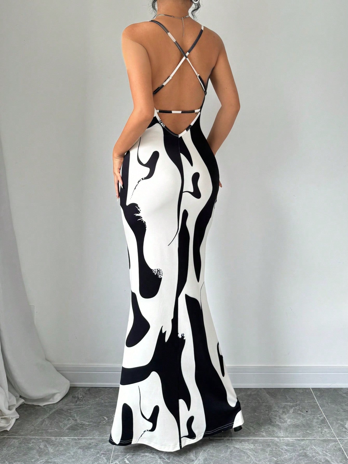 Women's Printed Draped Neck Extra Long Cami Dress Maxi Women Outfit - Negative Apparel