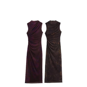 Women's Printed Pleated A - Line Maxi Dress - Sleeveless Crew Neck - Negative Apparel