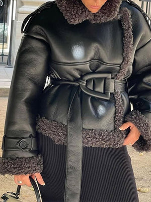 Women’s PU Leather Jacket – Black Short & Long Belted Motorcycle Coat | Street Hipster Lapel Faux Leather Outerwear - Negative Apparel