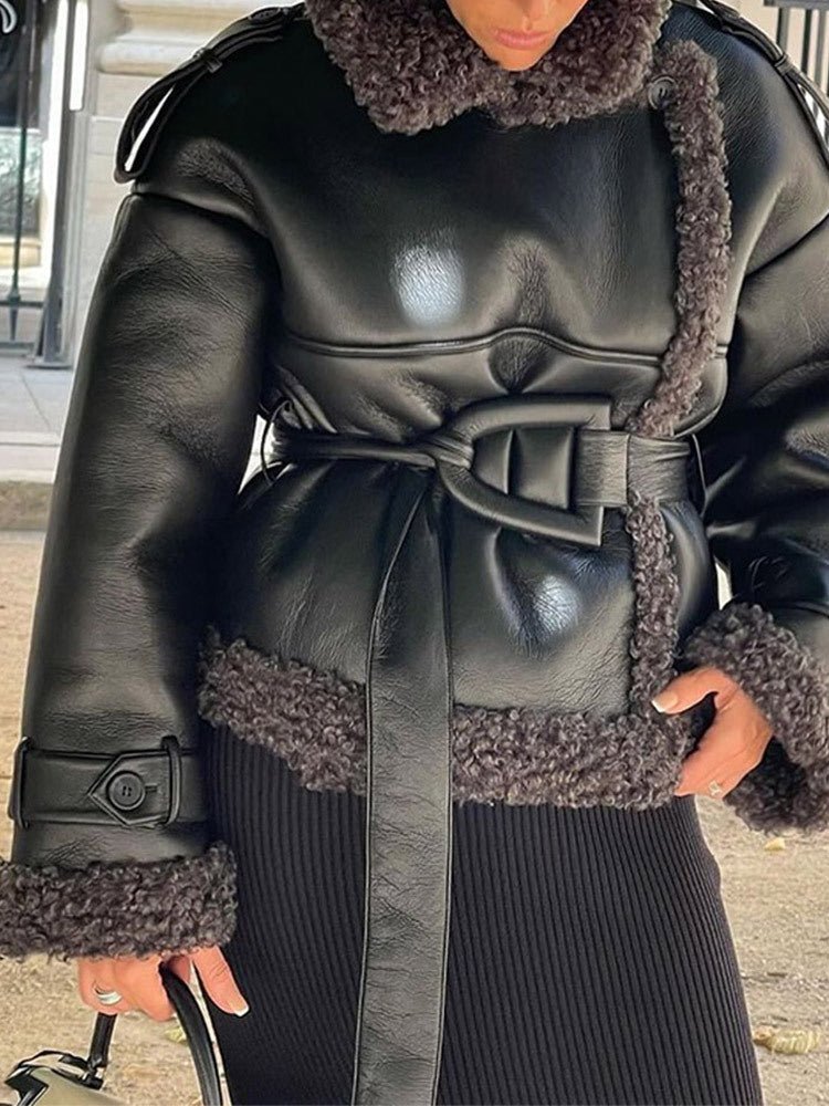 Women’s PU Leather Jacket – Black Short & Long Belted Motorcycle Coat | Street Hipster Lapel Faux Leather Outerwear - Negative Apparel