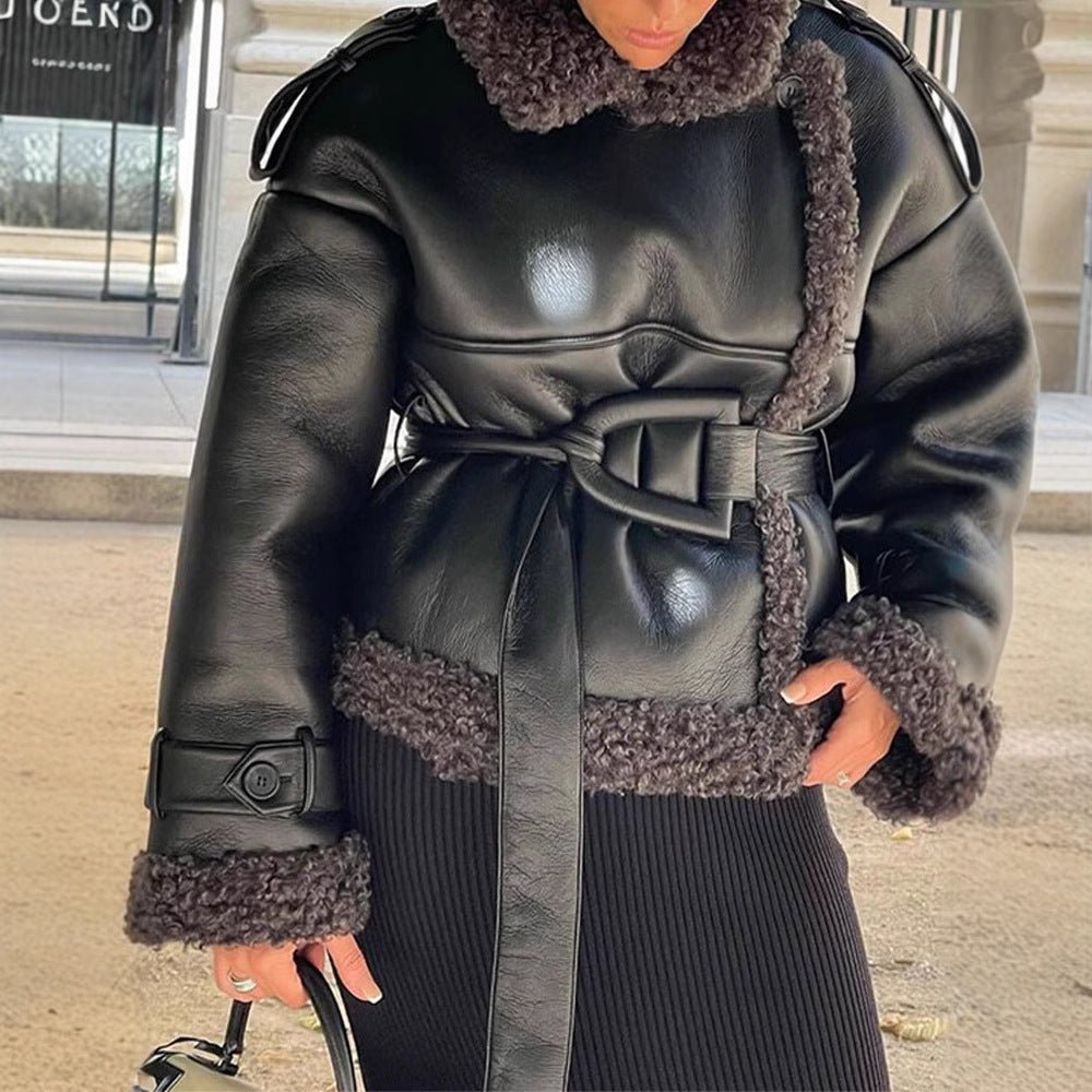 Women’s PU Leather Jacket – Black Short & Long Belted Motorcycle Coat | Street Hipster Lapel Faux Leather Outerwear - Negative Apparel