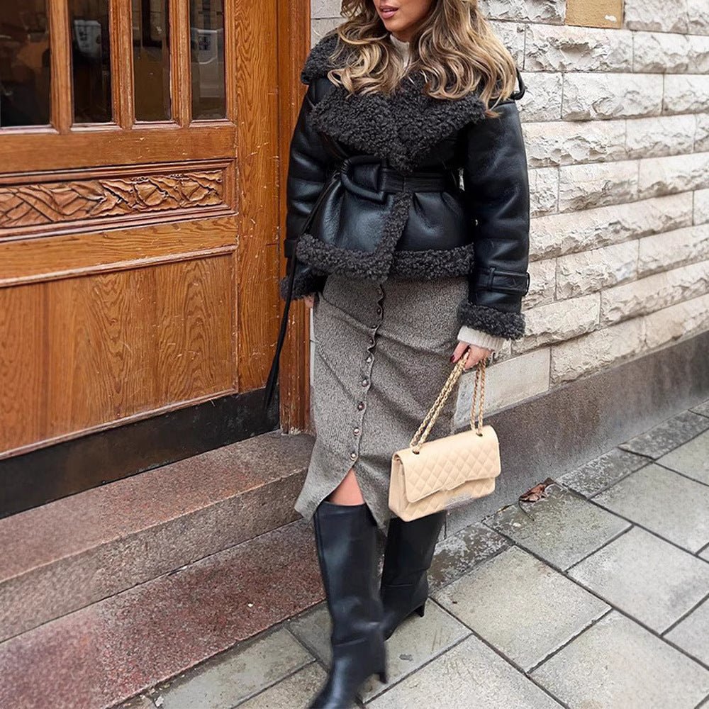 Women’s PU Leather Jacket – Black Short & Long Belted Motorcycle Coat | Street Hipster Lapel Faux Leather Outerwear - Negative Apparel