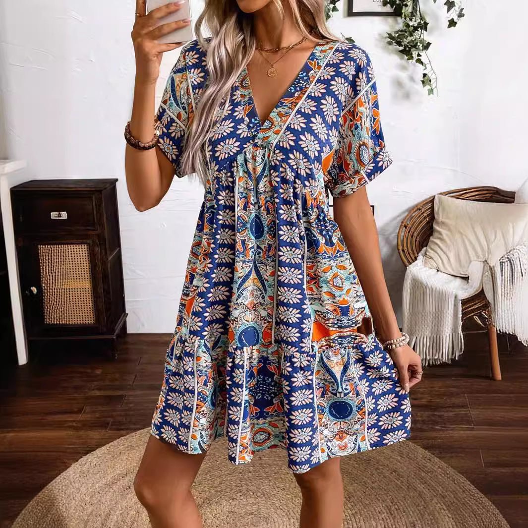 Women's retro flower print V - neck high - waisted bat sleeve vacation dress - Negative Apparel