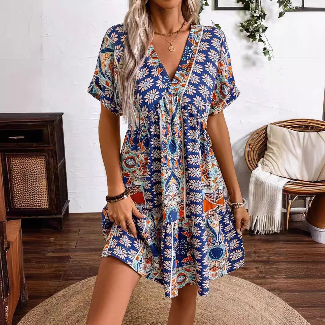 Women's retro flower print V - neck high - waisted bat sleeve vacation dress - Negative Apparel