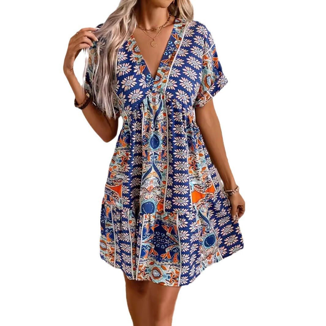 Women's retro flower print V - neck high - waisted bat sleeve vacation dress - Negative Apparel