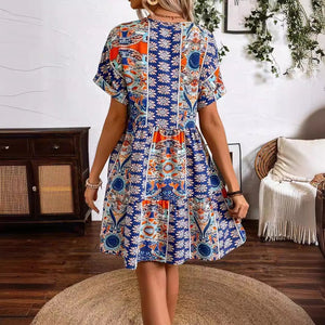 Women's retro flower print V - neck high - waisted bat sleeve vacation dress - Negative Apparel