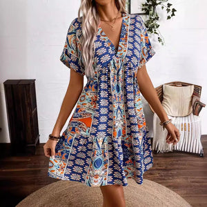 Women's retro flower print V - neck high - waisted bat sleeve vacation dress - Negative Apparel