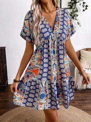 Women's retro flower print V - neck high - waisted bat sleeve vacation dress - Negative Apparel