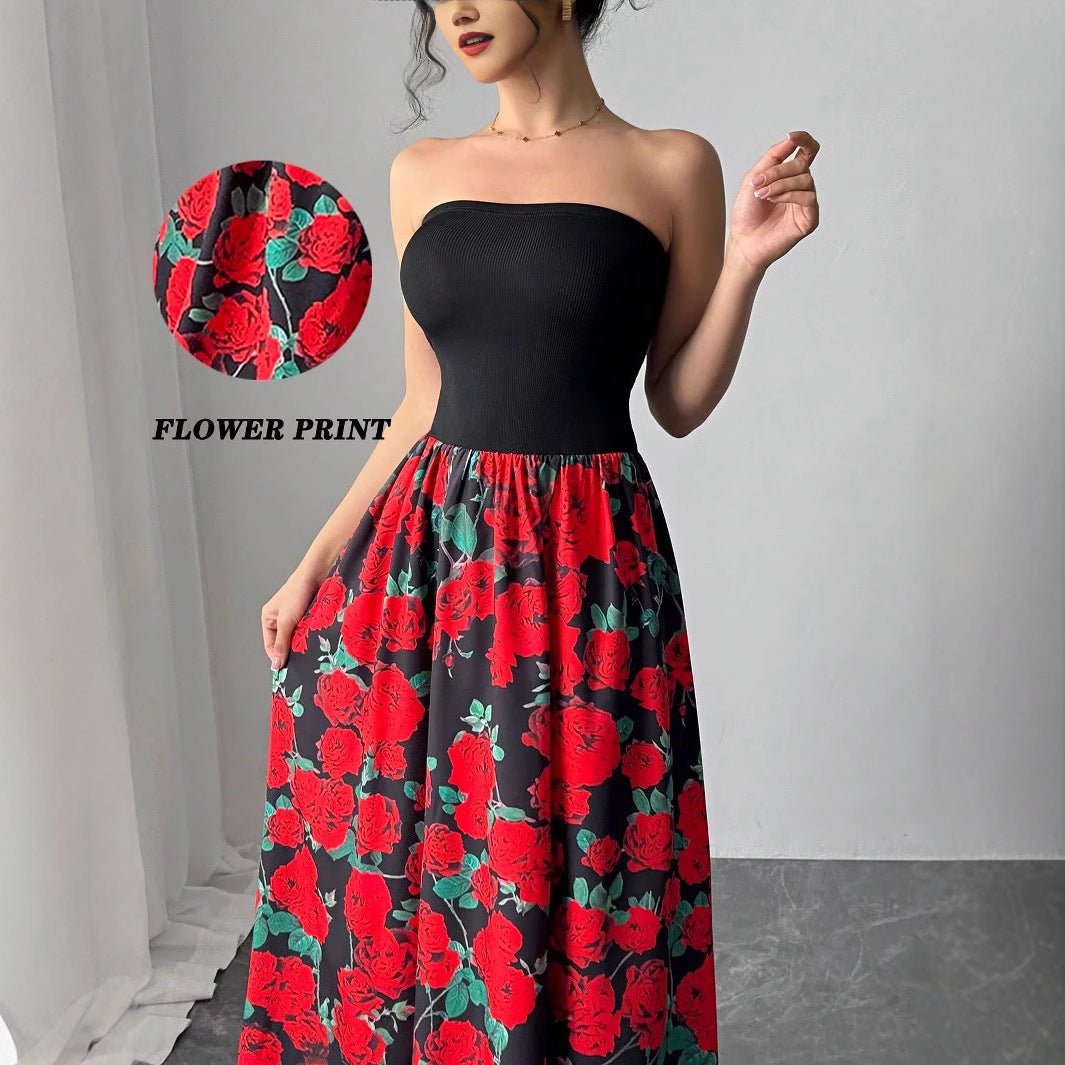 Women's rose print splicing short chest - wrapped sexy dress - Negative Apparel