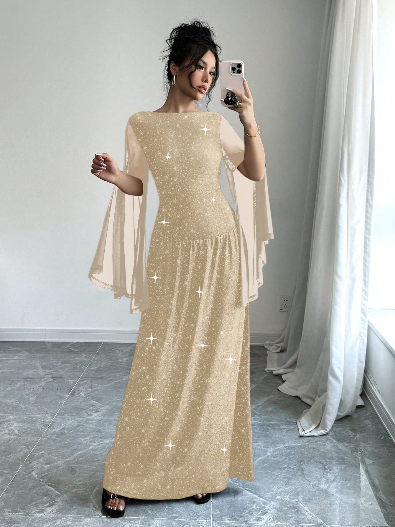 Women's Round Neck Mesh Slit Long Sleeve Casual Elegant Party Sparkle Dress Maxi Women Outfit - Negative Apparel