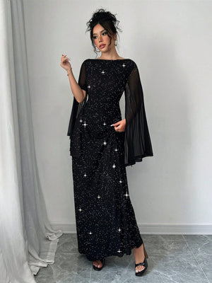 Women's Round Neck Mesh Slit Long Sleeve Casual Elegant Party Sparkle Dress Maxi Women Outfit - Negative Apparel