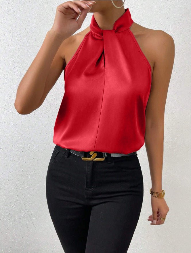 Women's Satin Halter Sleeveless Vest Satin Simulation Silk Top - Negative Apparel