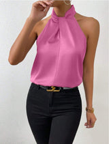 Women's Satin Halter Sleeveless Vest Satin Simulation Silk Top - Negative Apparel