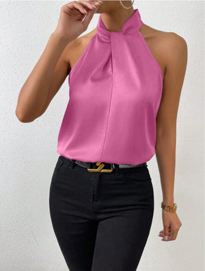 Women's Satin Halter Sleeveless Vest Satin Simulation Silk Top - Negative Apparel