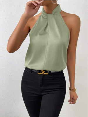 Women's Satin Halter Sleeveless Vest Satin Simulation Silk Top - Negative Apparel