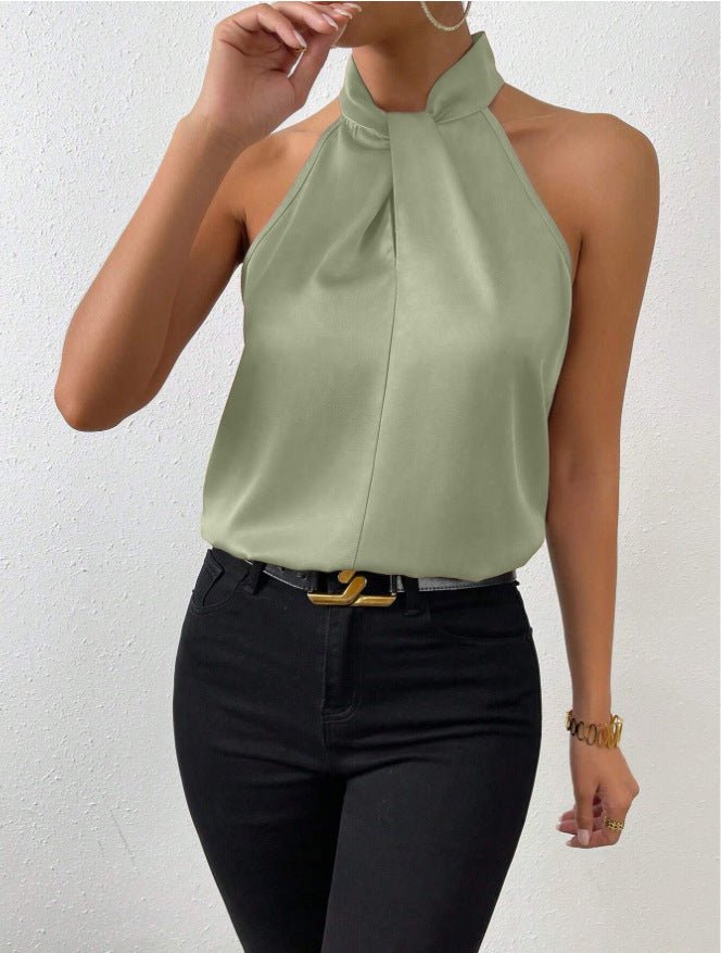 Women's Satin Halter Sleeveless Vest Satin Simulation Silk Top - Negative Apparel