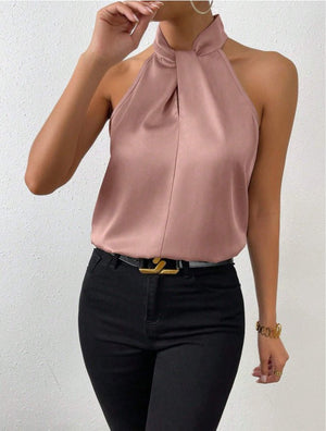 Women's Satin Halter Sleeveless Vest Satin Simulation Silk Top - Negative Apparel