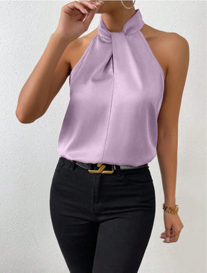 Women's Satin Halter Sleeveless Vest Satin Simulation Silk Top - Negative Apparel