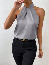 Women's Satin Halter Sleeveless Vest Satin Simulation Silk Top - Negative Apparel