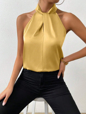 Women's Satin Halter Sleeveless Vest Satin Simulation Silk Top - Negative Apparel