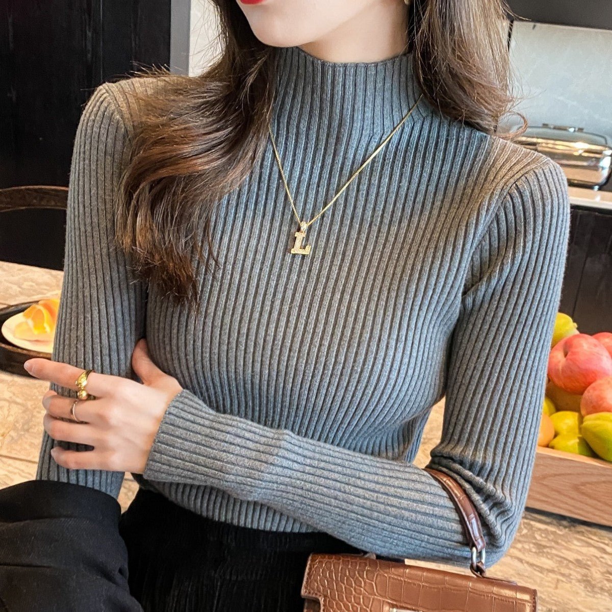 Women’s Semi - Turtleneck Core - Spun Yarn Sweater – Slim Fit Elegant Pullover - Negative Apparel