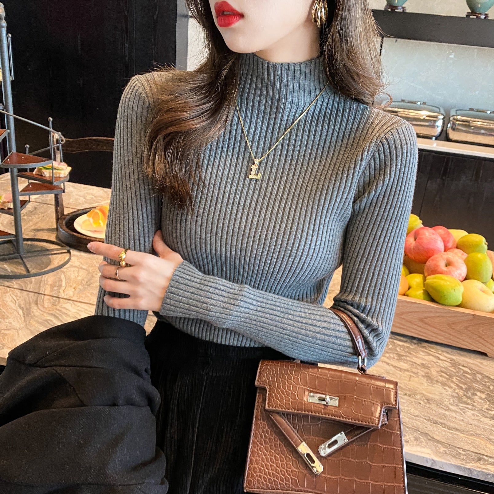 Women’s Semi - Turtleneck Core - Spun Yarn Sweater – Slim Fit Elegant Pullover - Negative Apparel