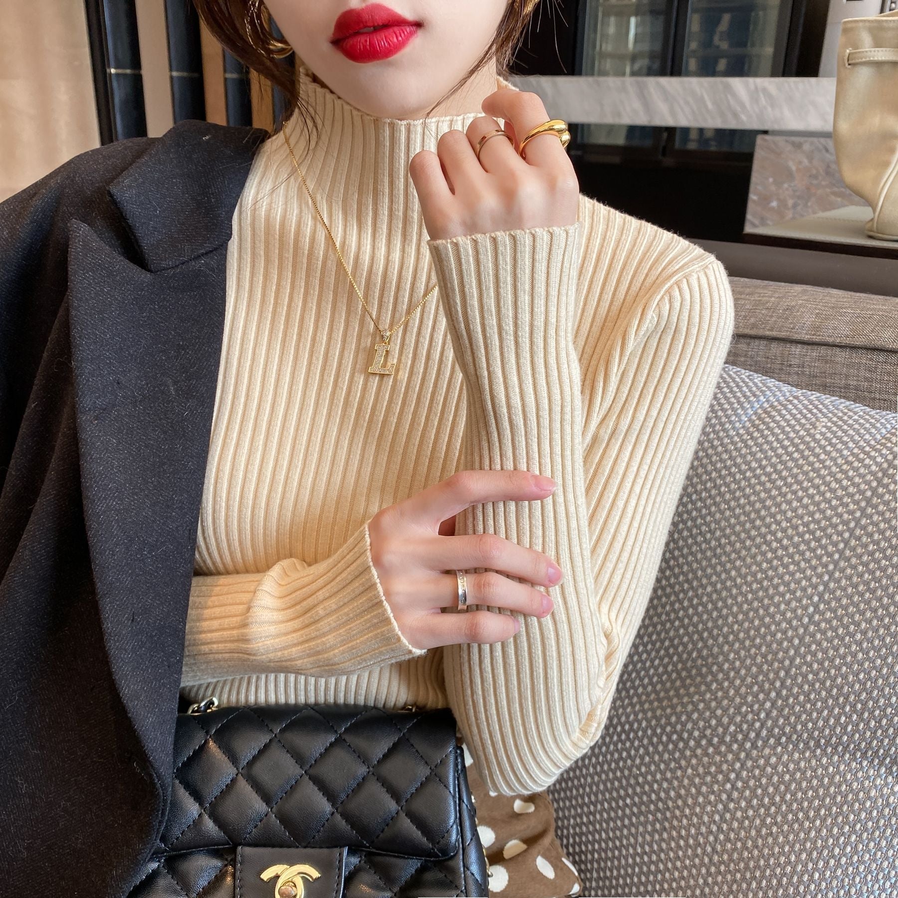 Women’s Semi - Turtleneck Core - Spun Yarn Sweater – Slim Fit Elegant Pullover - Negative Apparel