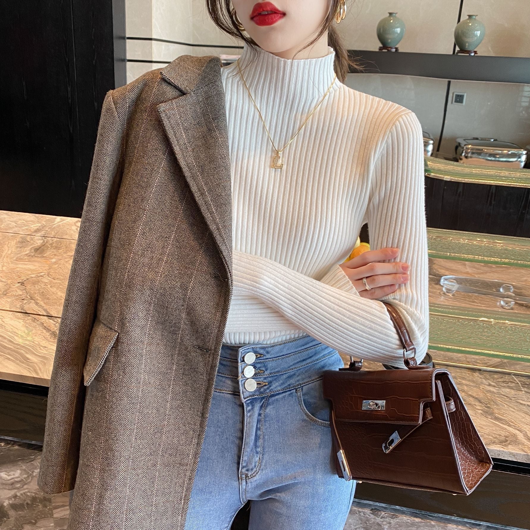 Women’s Semi - Turtleneck Core - Spun Yarn Sweater – Slim Fit Elegant Pullover - Negative Apparel