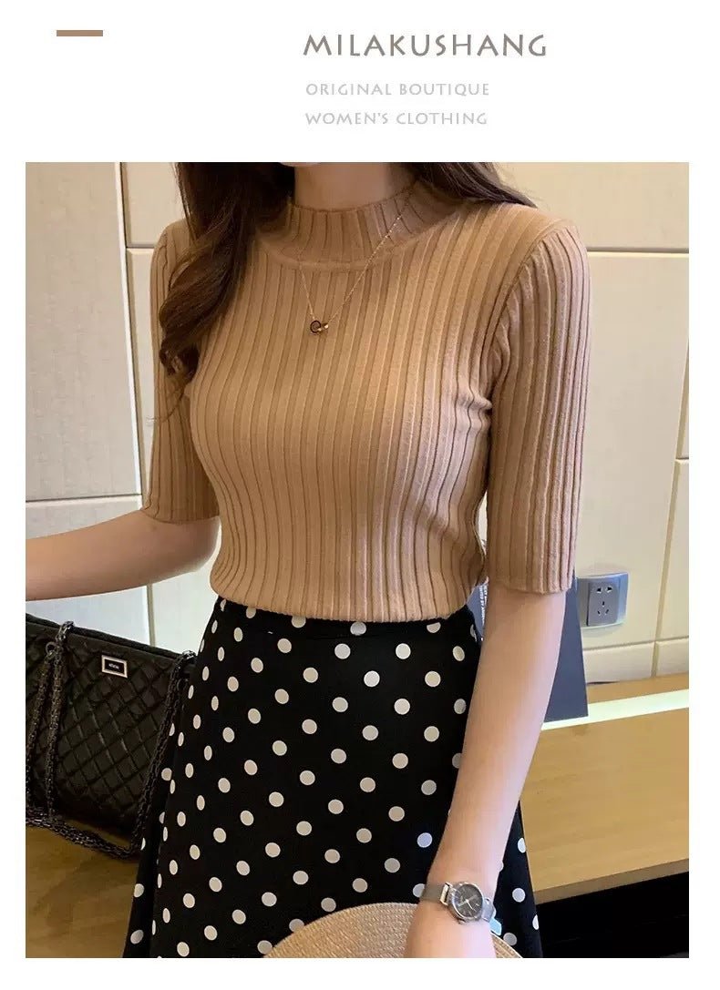 Women's Semi - Turtleneck Core - Spun Yarn T-Shirt – Japanese & Korean Casual Style - Negative Apparel