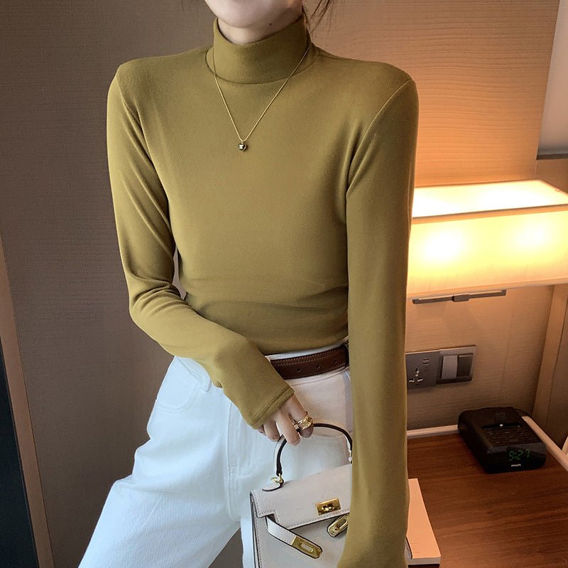 Women’s Semi - Turtleneck Double - Sided German Velvet Top – Thick Warm Long Sleeve Bottoming Shirt, Solid Color Slim Fit Pullover - Negative Apparel