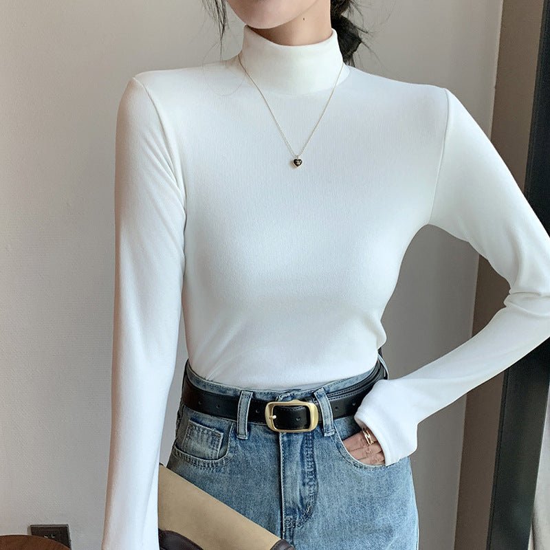 Women’s Semi - Turtleneck Double - Sided German Velvet Top – Thick Warm Long Sleeve Bottoming Shirt, Solid Color Slim Fit Pullover - Negative Apparel