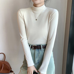 Women’s Semi - Turtleneck Double - Sided German Velvet Top – Thick Warm Long Sleeve Bottoming Shirt, Solid Color Slim Fit Pullover - Negative Apparel