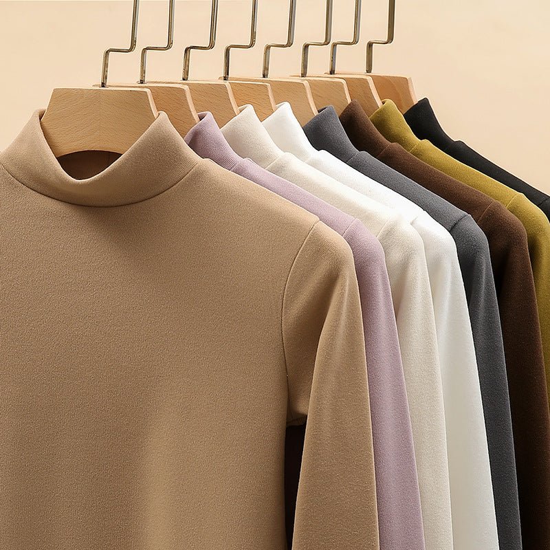 Women’s Semi - Turtleneck Double - Sided German Velvet Top – Thick Warm Long Sleeve Bottoming Shirt, Solid Color Slim Fit Pullover - Negative Apparel