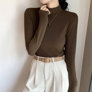 Women’s Semi - Turtleneck Double - Sided German Velvet Top – Thick Warm Long Sleeve Bottoming Shirt, Solid Color Slim Fit Pullover - Negative Apparel